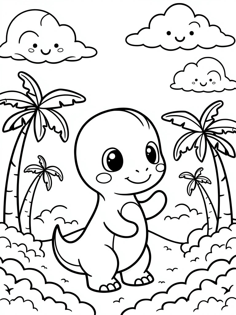 Black line art of a smiling baby dinosaur waving amid palm trees, smiley clouds, and grassy hills.