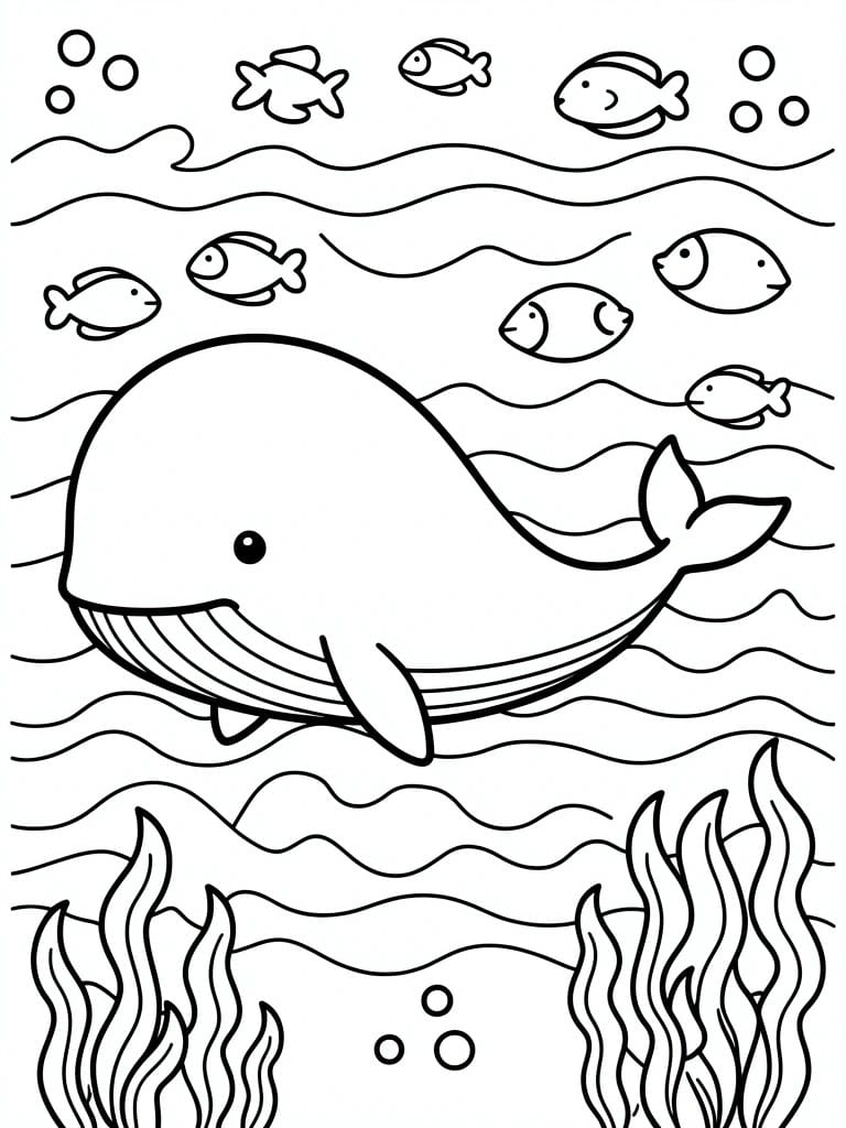 Black and white coloring page of a smiling whale swimming underwater surrounded by fish, waves, bubbles, and seaweed.