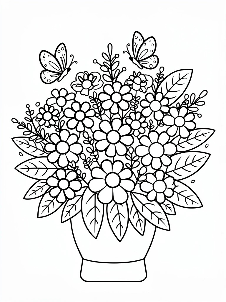 Black line drawing of a vase with small flowers, leaves, and three butterflies above.