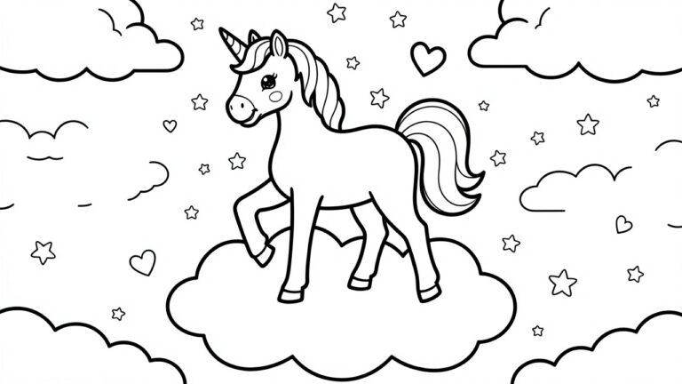 19 Free Printable Cute Coloring Pages for Easy Access Black outline coloring page of a cartoon unicorn standing on a cloud with scattered stars and hearts around it.