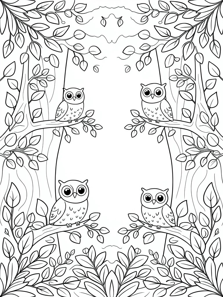 Black line art coloring page with four cartoon owls on branches inside a frame of leaves and vines.