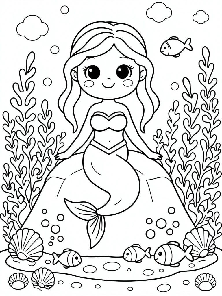 Line art of a cute kawaii mermaid seated amid seaweed, fish, bubbles, and shells on the ocean floor.