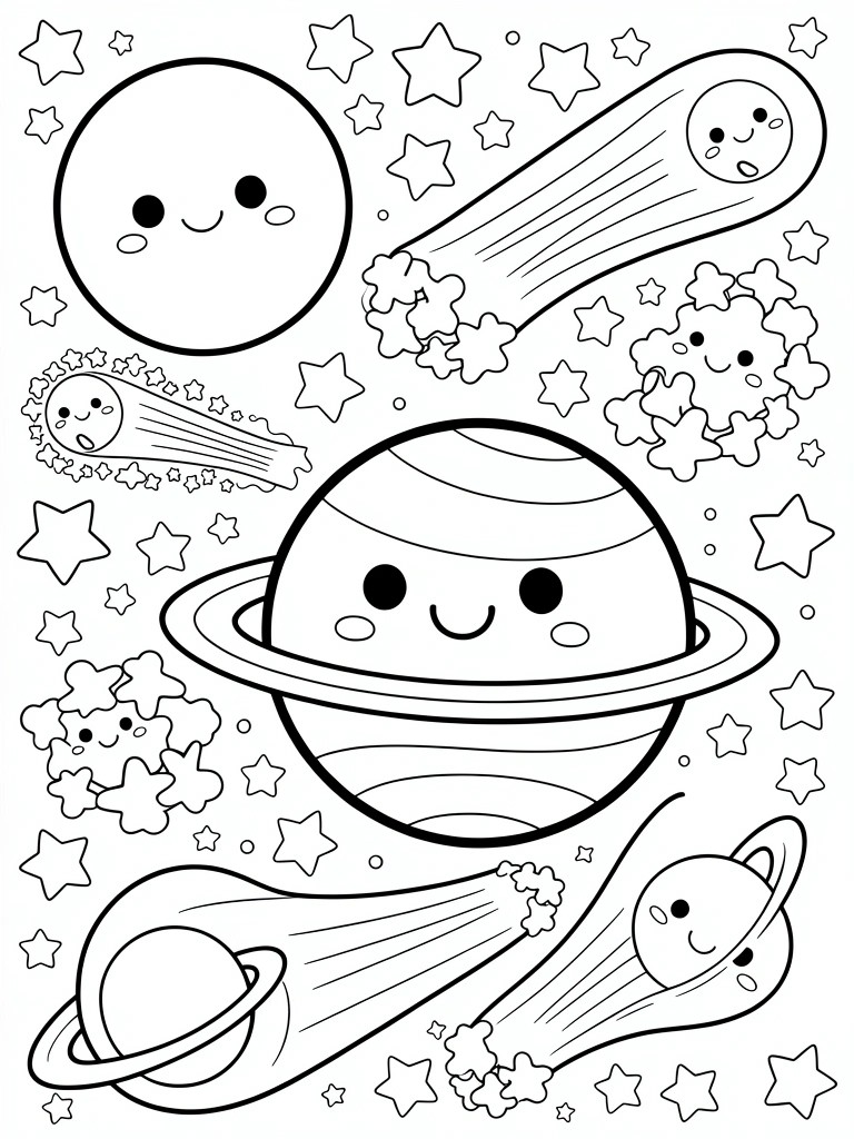 Black line art coloring page of smiling kawaii-style sun, moon, Saturn with rings, comets, and scattered stars.