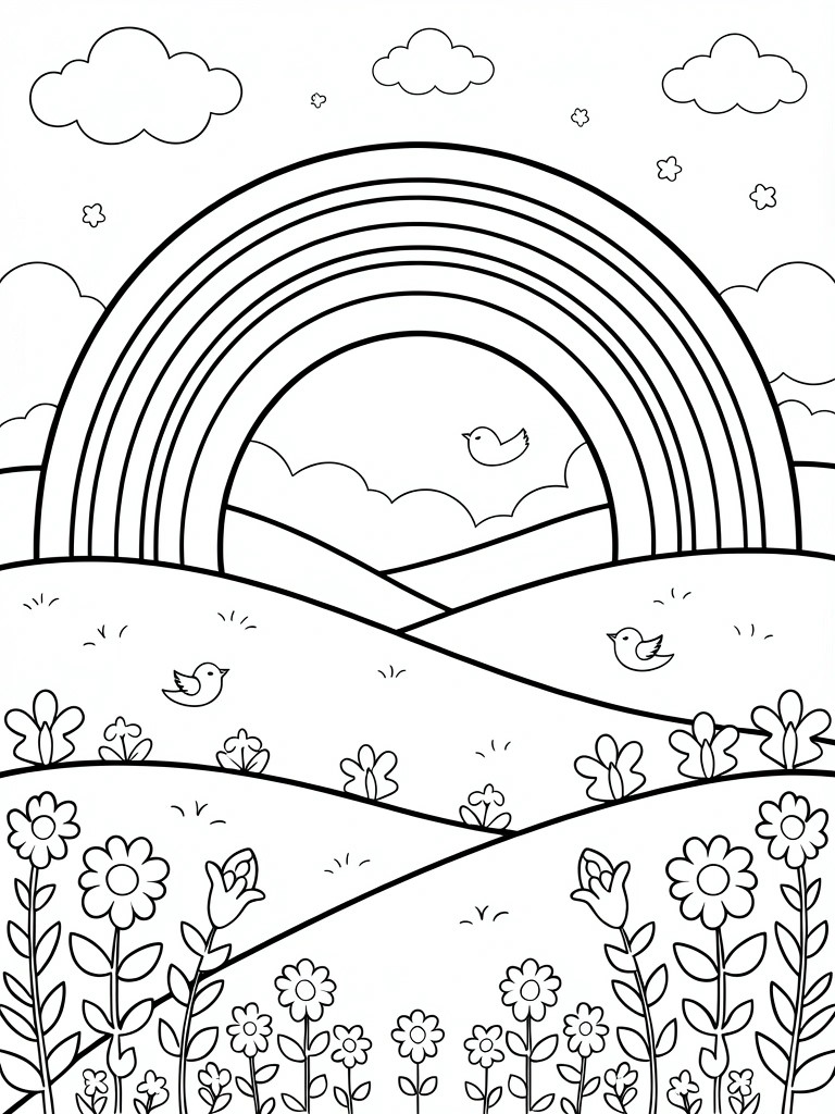 Black line drawing of a rainbow arching over hills with flowers, birds, clouds, stars, and a sun.