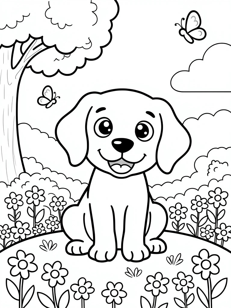 Line drawing of a sitting puppy surrounded by flowers on grass, with a tree, butterflies, and clouds.