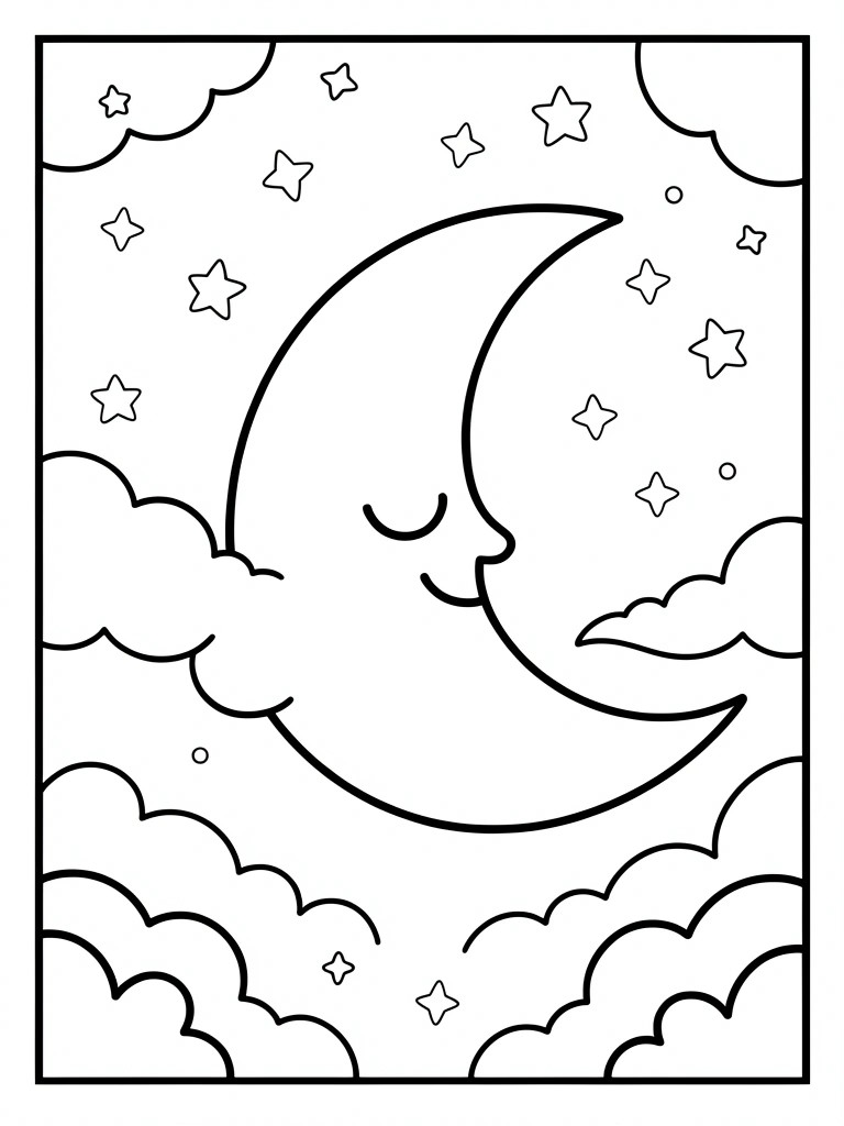Black outline drawing of a crescent moon with sleepy face, surrounded by stars and clouds in a framed night sky.