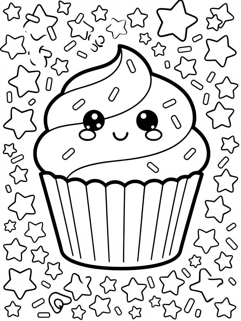 Black line art of a kawaii-style cupcake with face on swirled frosting, sprinkles, and surrounding stars.