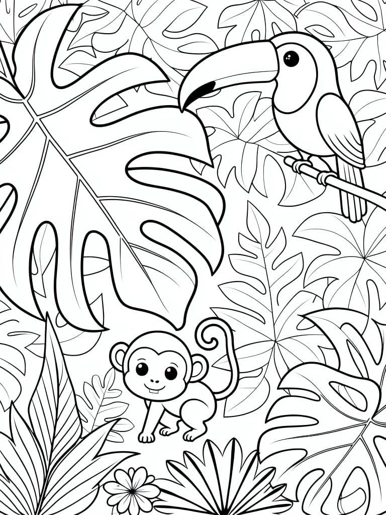 Coloring page with a cartoon toucan on a branch above a monkey, surrounded by large monstera leaves and other jungle plants.