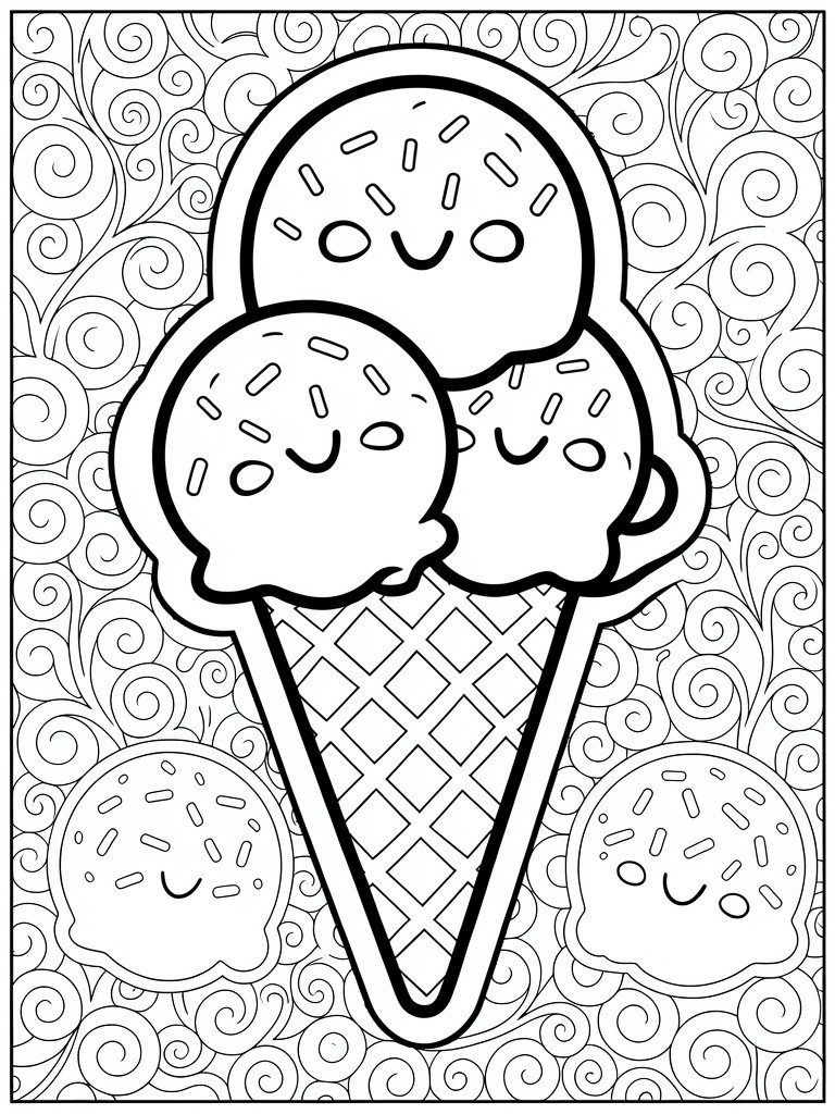 Black outline coloring page of a triple-scoop ice cream cone with happy-faced scoops, sprinkles, waffle texture, swirling background patterns, and small side scoops.
