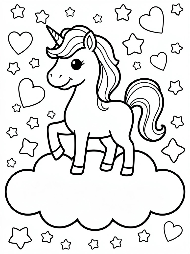 Black outline coloring page of a cartoon unicorn standing on a cloud with scattered stars and hearts around it.