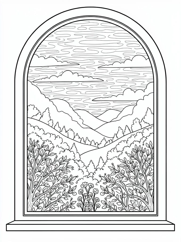 Line drawing of an arched window framing a mountain valley scene with trees, bushes, clouds, and layered peaks.