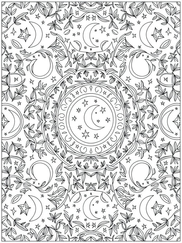 Black line coloring page of symmetrical mandala with repeating moons, stars, and leafy vines filling the page.