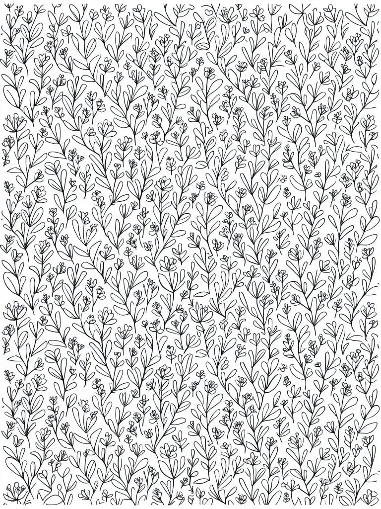 Black line art of densely packed repeating leaf sprigs filling a rectangular page.