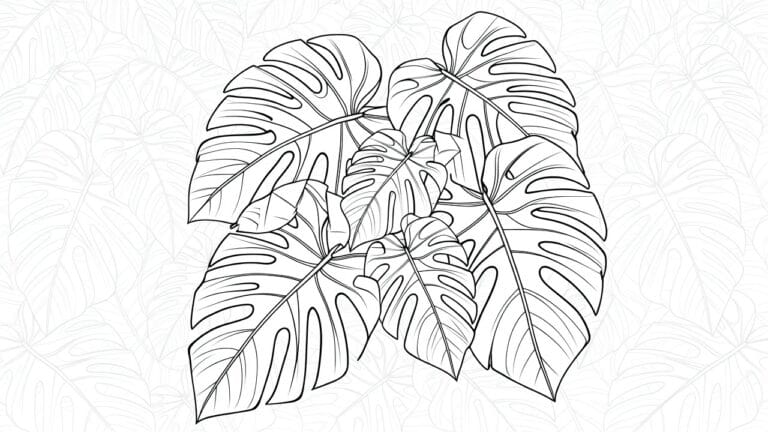 19 Minimal Aesthetic Coloring Pages with Gentle Balance Line art of multiple overlapping monstera leaves with stems and fenestrations on a subtle dotted background.