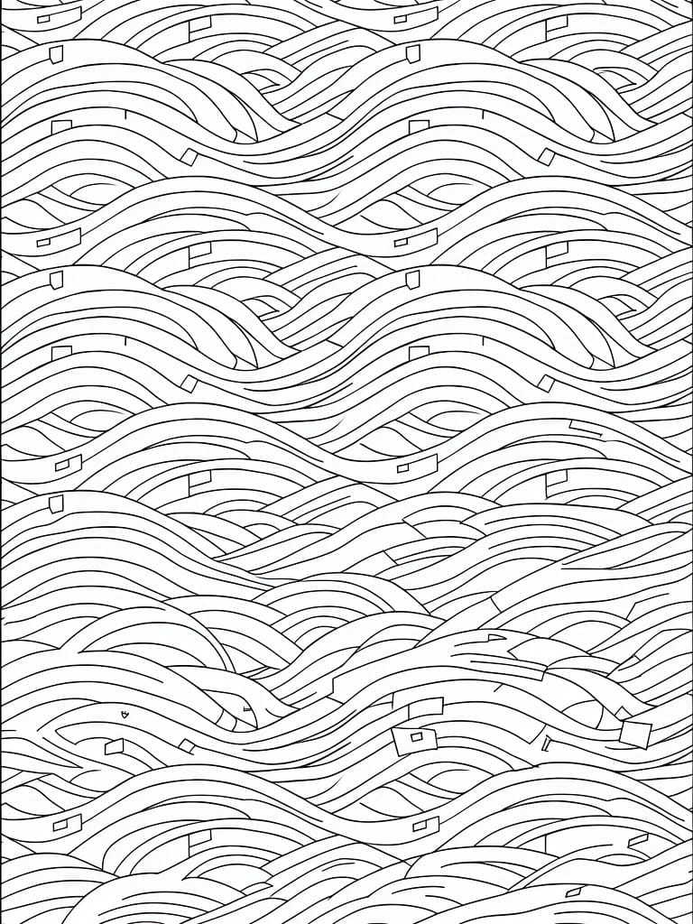 Black line drawing of stacked, overlapping wavy lines with embedded square shapes forming abstract wave patterns.