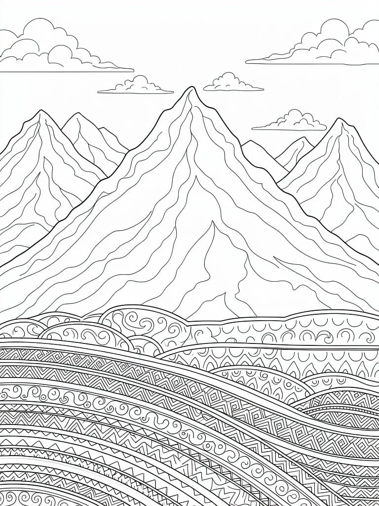 Line art of jagged mountain peaks over dense swirling patterns in the foreground with scattered clouds above.