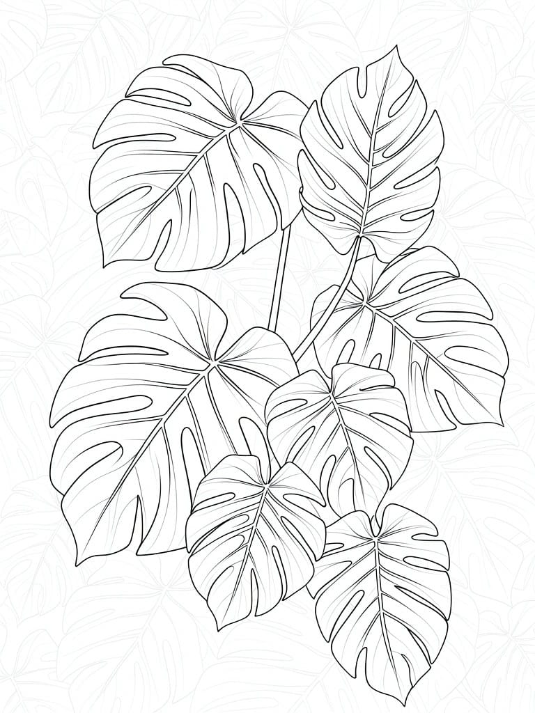 Line art of multiple overlapping monstera leaves with stems and fenestrations on a subtle dotted background.