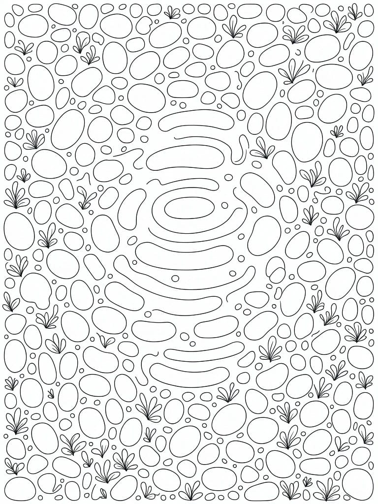 Line art coloring page featuring densely packed organic pebble shapes spiraling inward with surrounding leaf sprigs.