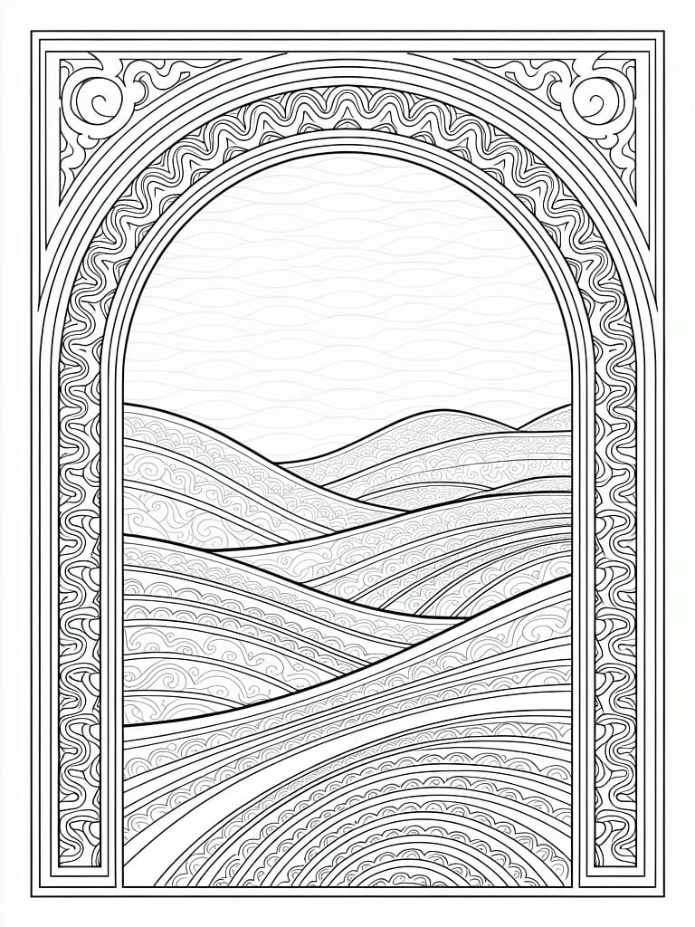 Line art of a rectangular ornate frame with arched center filled by layered wavy hills.