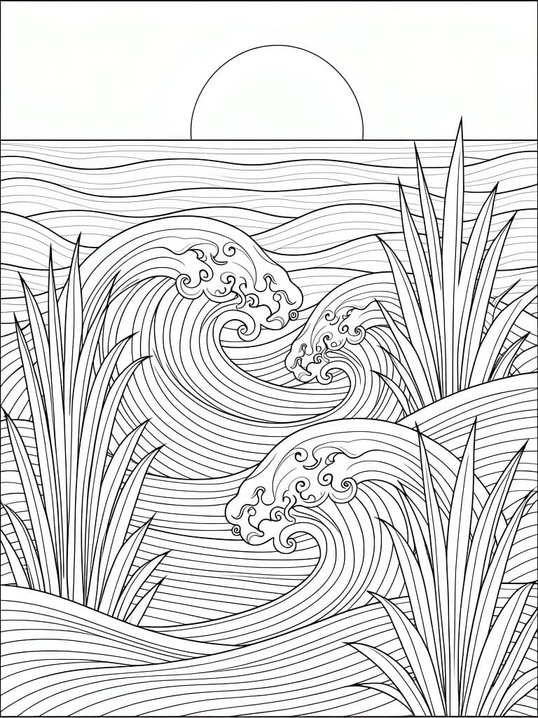 Line art coloring page featuring a sun above wavy ocean water intertwined with tall reeds.