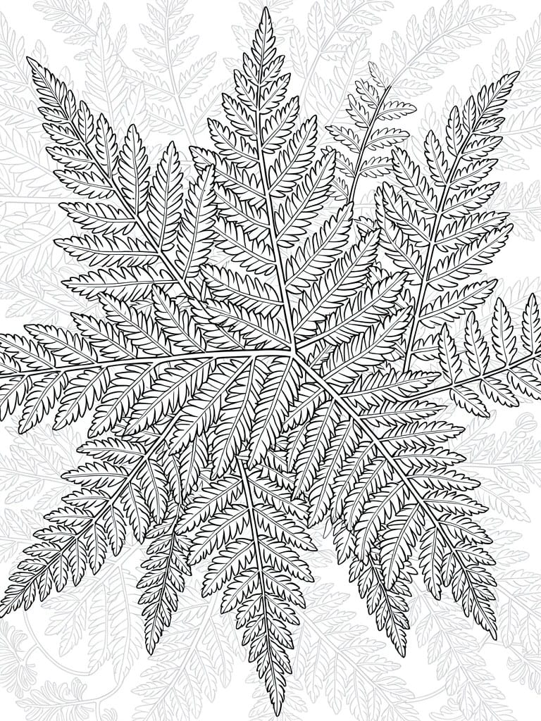 Black and white line art of ferns in a symmetrical radial star pattern with overlapping fronds.