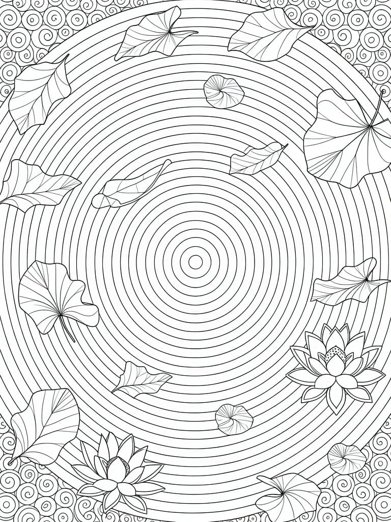 Black line drawing of a lotus flower at center with surrounding leaves, buds, and concentric circles in a circular pond scene.