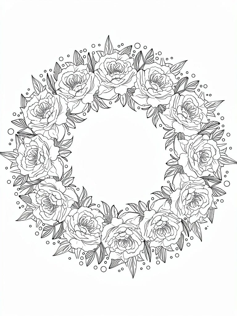 Line art of a circular wreath made from detailed peony flowers, leaves, and dots.
