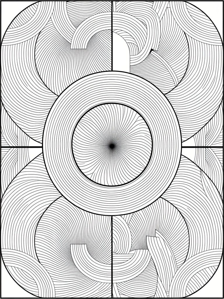 Black line art of a symmetrical abstract design with a central dot, concentric circles, radiating swirls, and four quadrant divisions.
