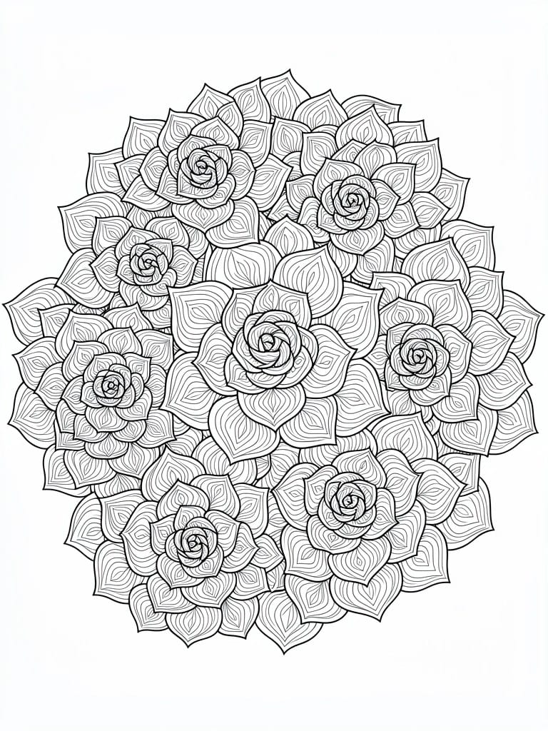 Line art of a circular cluster of detailed succulents with patterned leaves and petals.