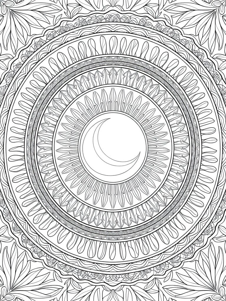 Detailed line art mandala with central sun circle containing a white crescent moon, framed by symmetrical floral and geometric patterns in concentric rings.