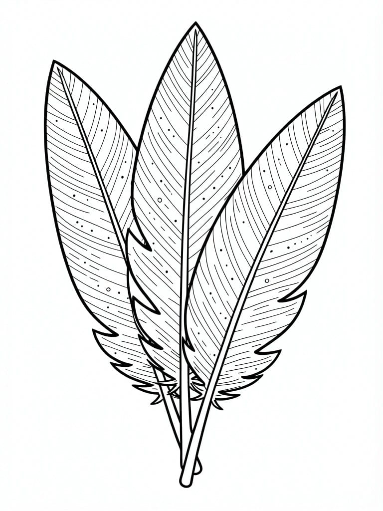 Line drawing of three overlapping feathers with internal texture lines.