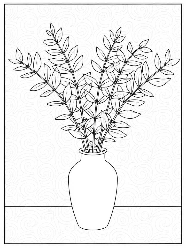 Line art of a bulbous vase holding stems with branching leaves, on a page with corner swirl patterns.