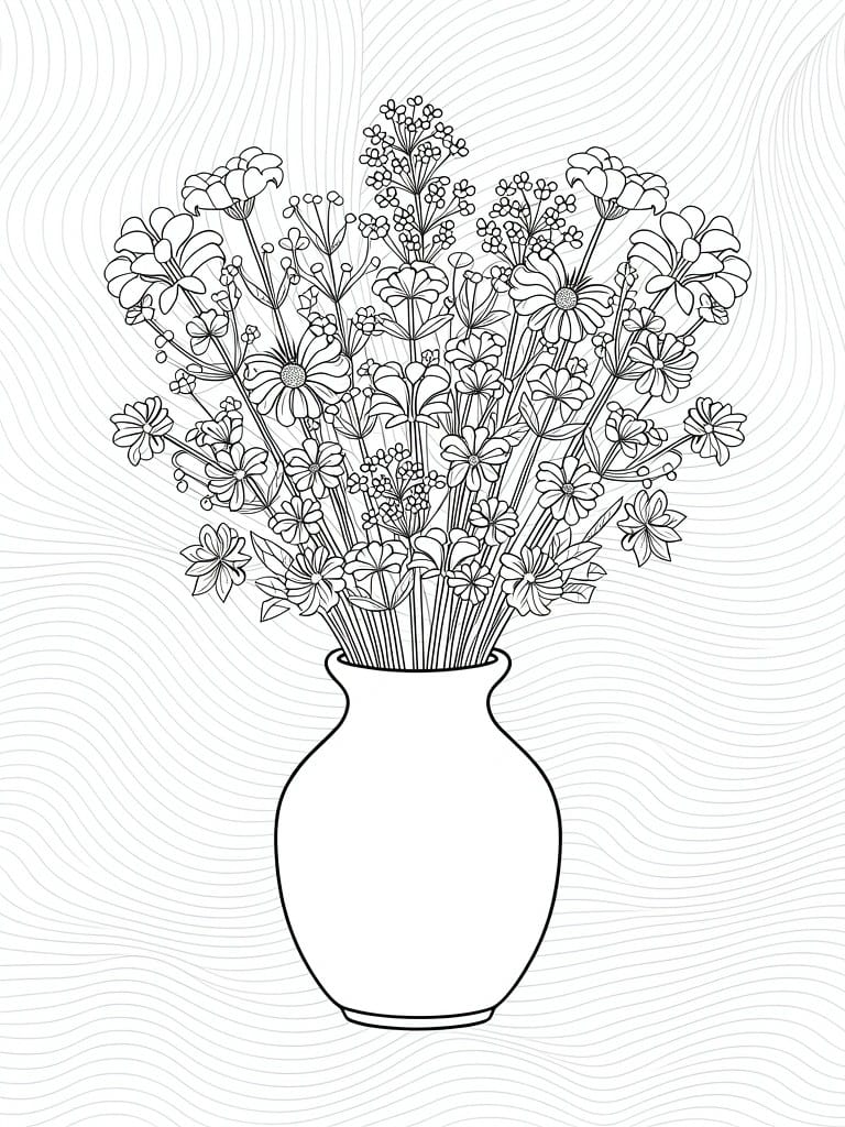 Line art coloring page of a vase containing a bouquet of lilies, daisies, and wildflowers.