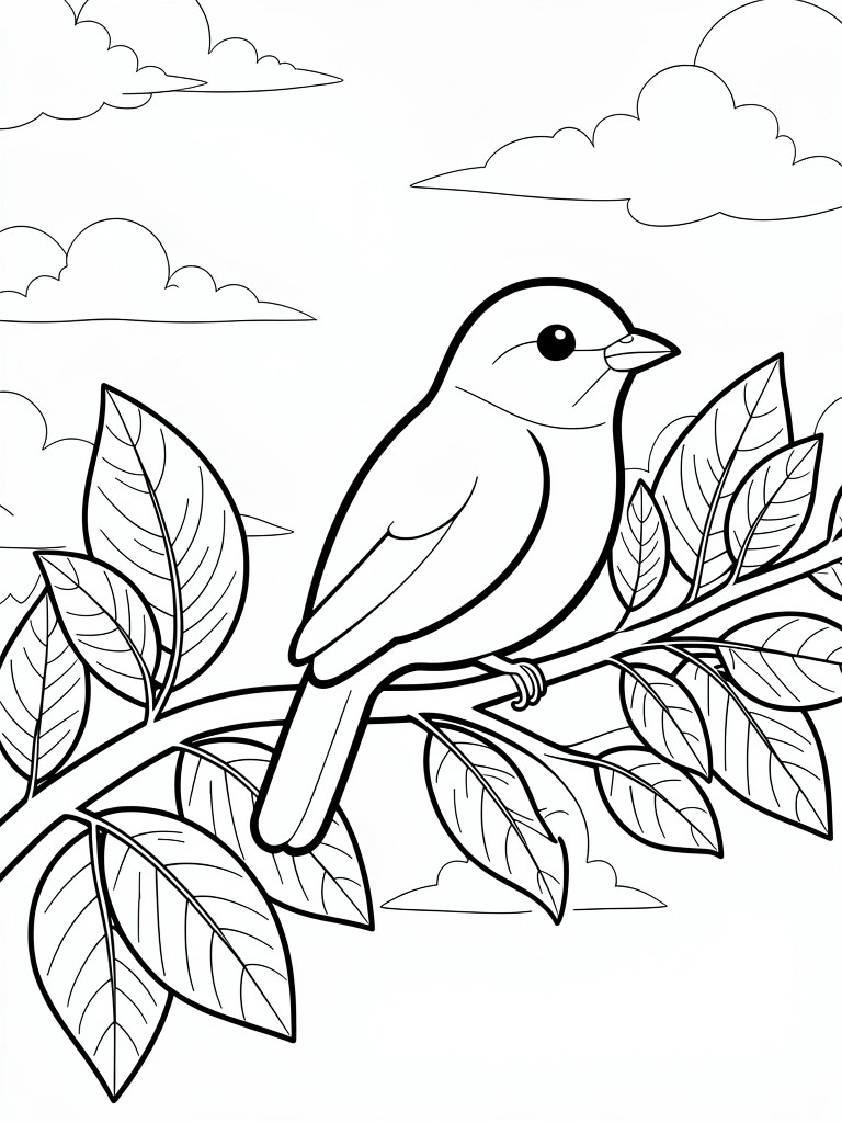 Line drawing of a bird on a branch with leaves and clouds in a sky background.