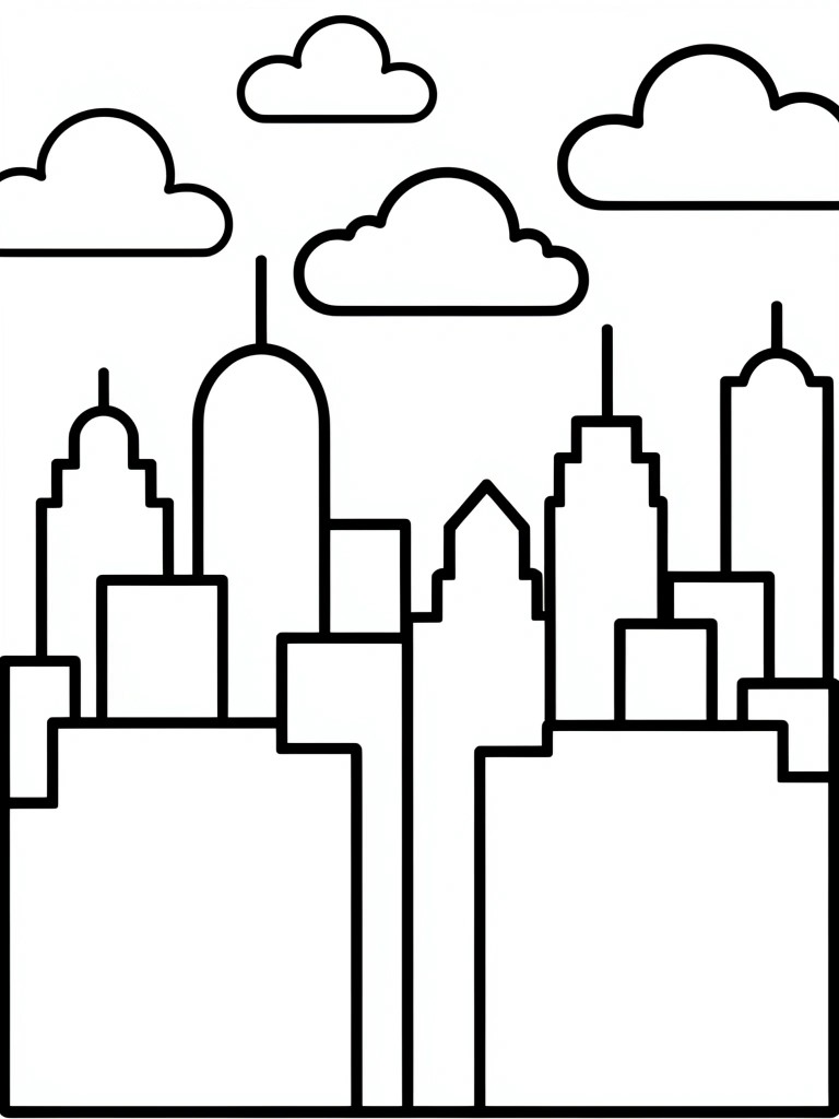 Line drawing of a symmetrical city skyline with tall outline buildings and puffy clouds above.