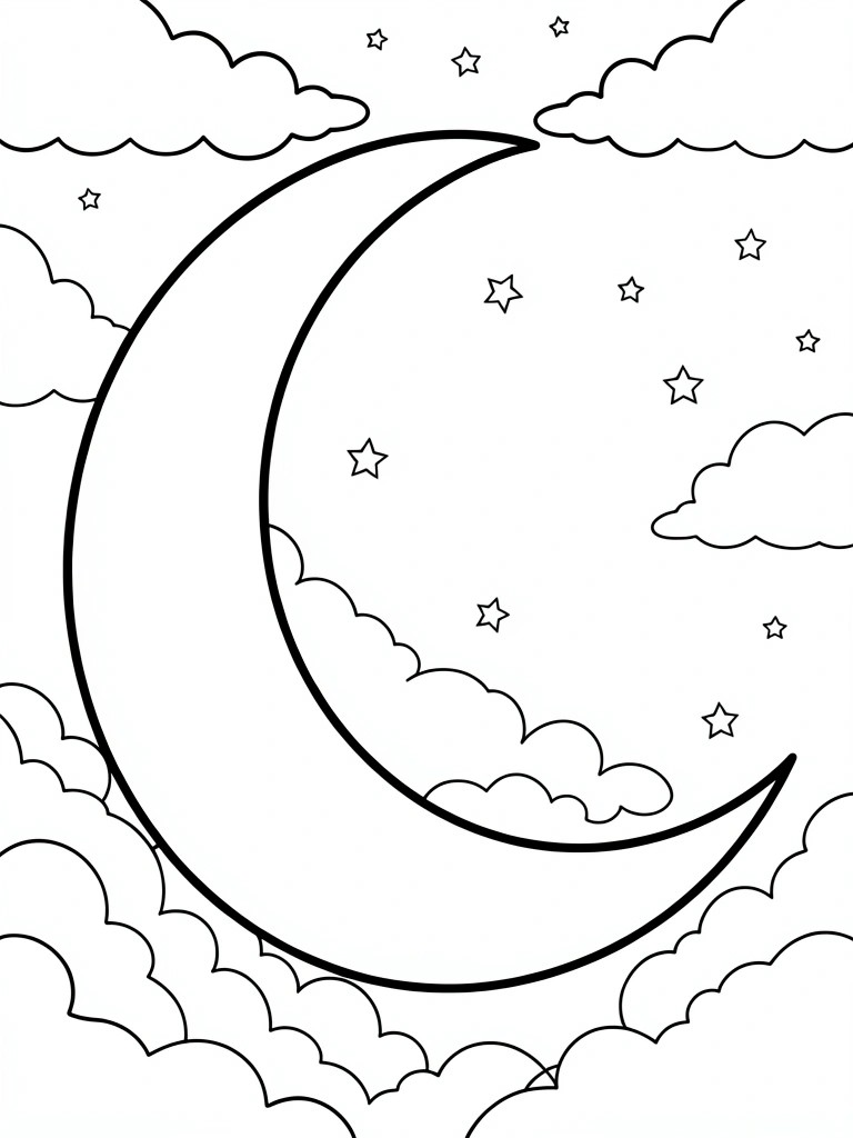 Line drawing of a large crescent moon surrounded by clouds and scattered stars.
