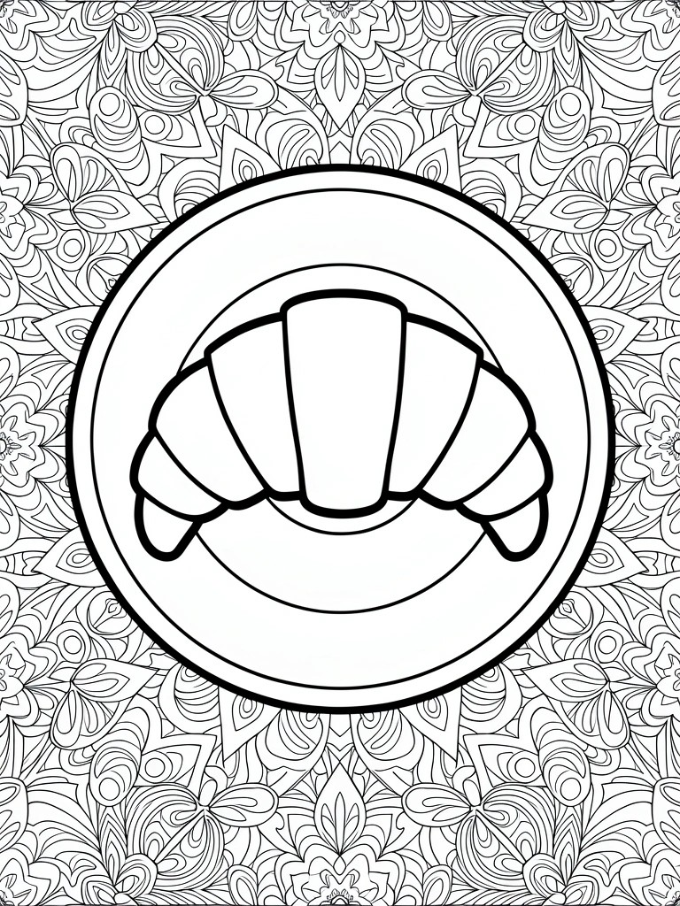 Black line art coloring page featuring a croissant on a saucer in a circular frame surrounded by intricate floral mandala patterns.