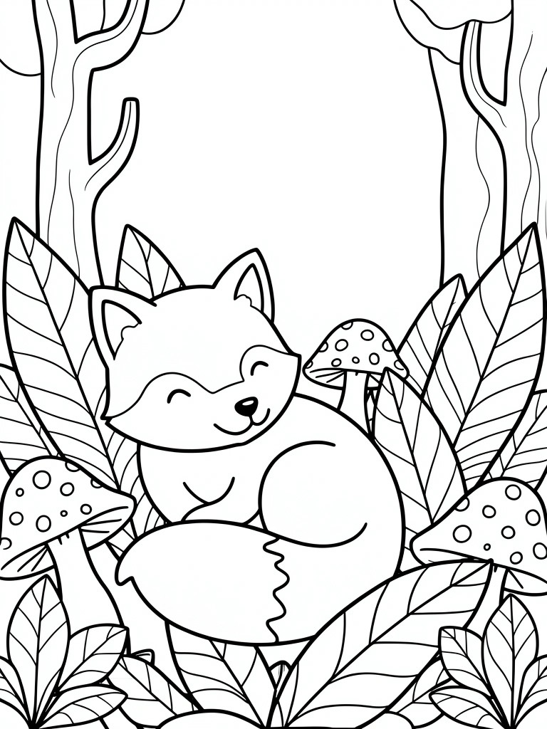 Line drawing of a smiling curled fox surrounded by mushrooms, leaves, and trees in a forest scene.