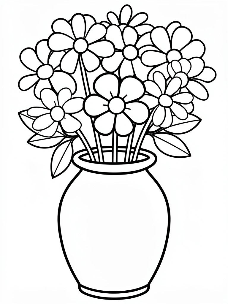 Black outline drawing of a bunch of daisies in a vase with leaves and stems.
