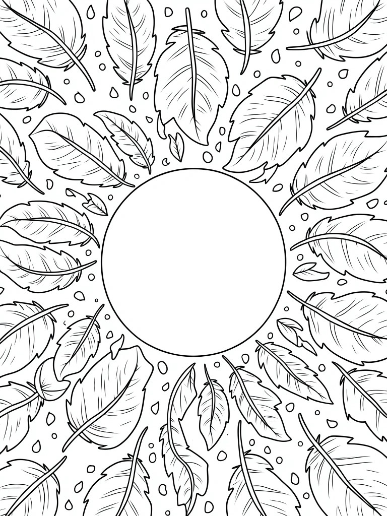 Black line art of feathers arranged symmetrically around a central blank circle.