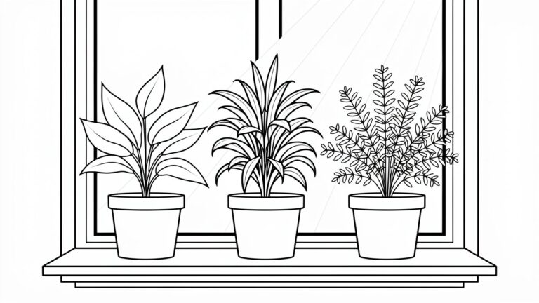 Line drawing of three potted plants arranged on a windowsill within a window frame.