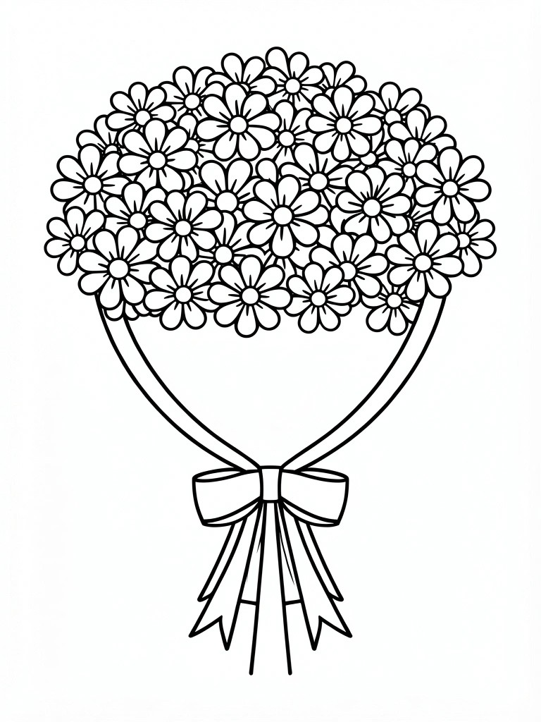 Line art of a bouquet of small daisy-like flowers tied at the base with a ribbon bow and trailing ends.