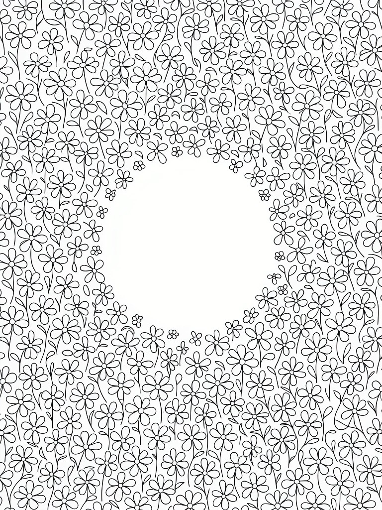 Line art coloring page with many small simple flowers clustered densely around a large empty central circle.