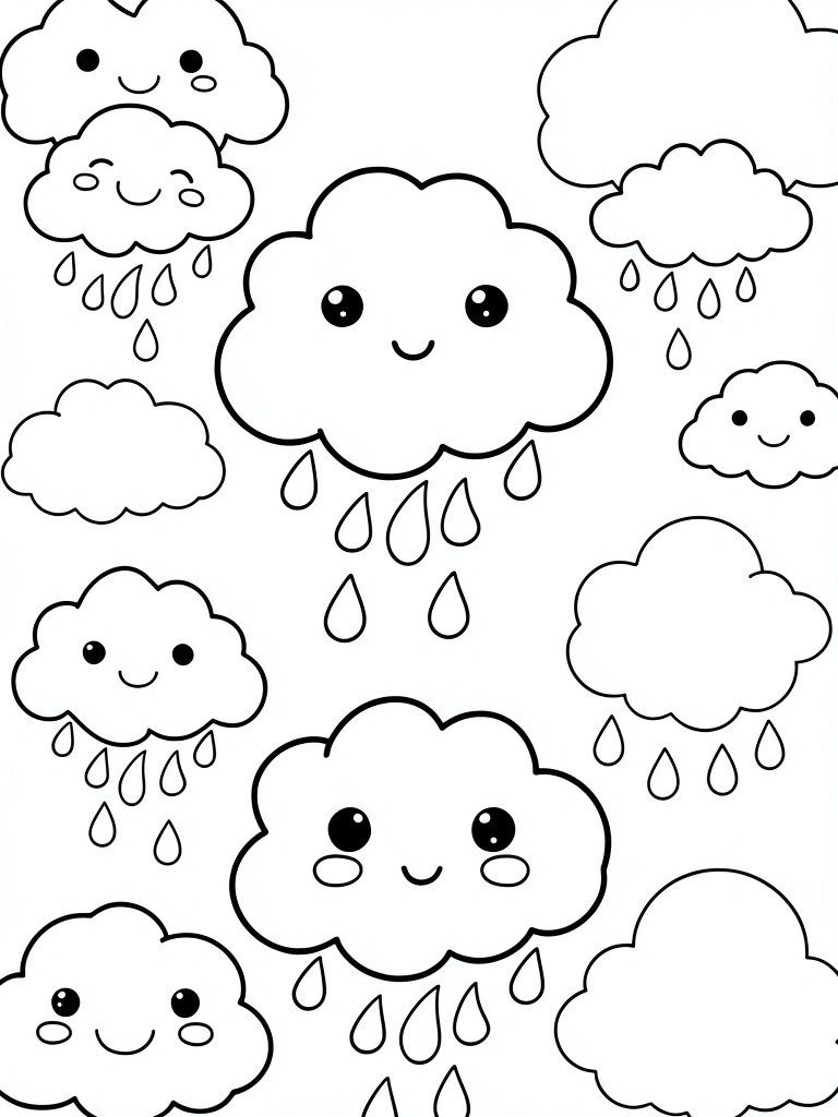Coloring page of various kawaii-style clouds with happy faces and some raindrops in black outlines.
