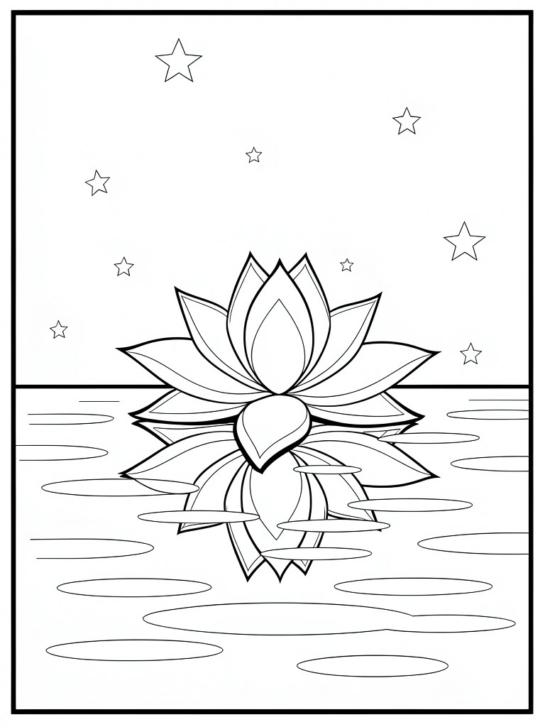 Line drawing of a lotus flower on water with reflection below and scattered stars above.