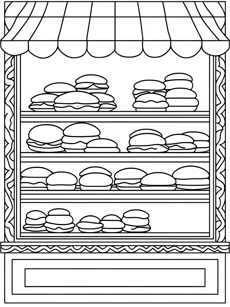 Line drawing of a stand with awning and tiered shelves stacked with burgers and buns.