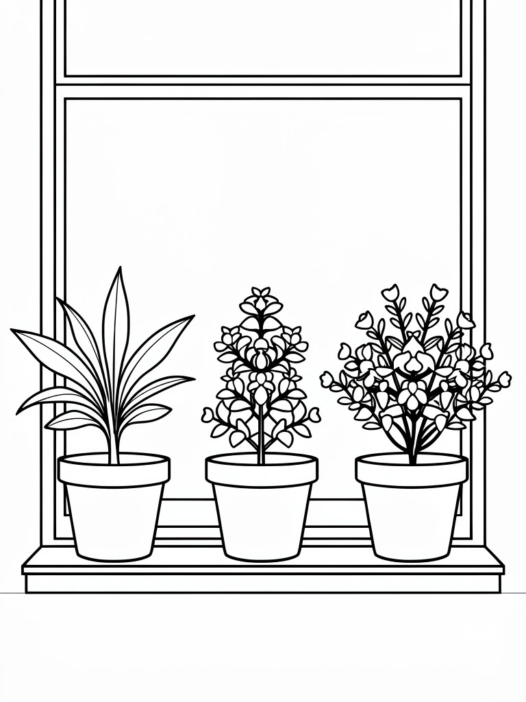 Line drawing of three potted plants arranged on a windowsill within a window frame.