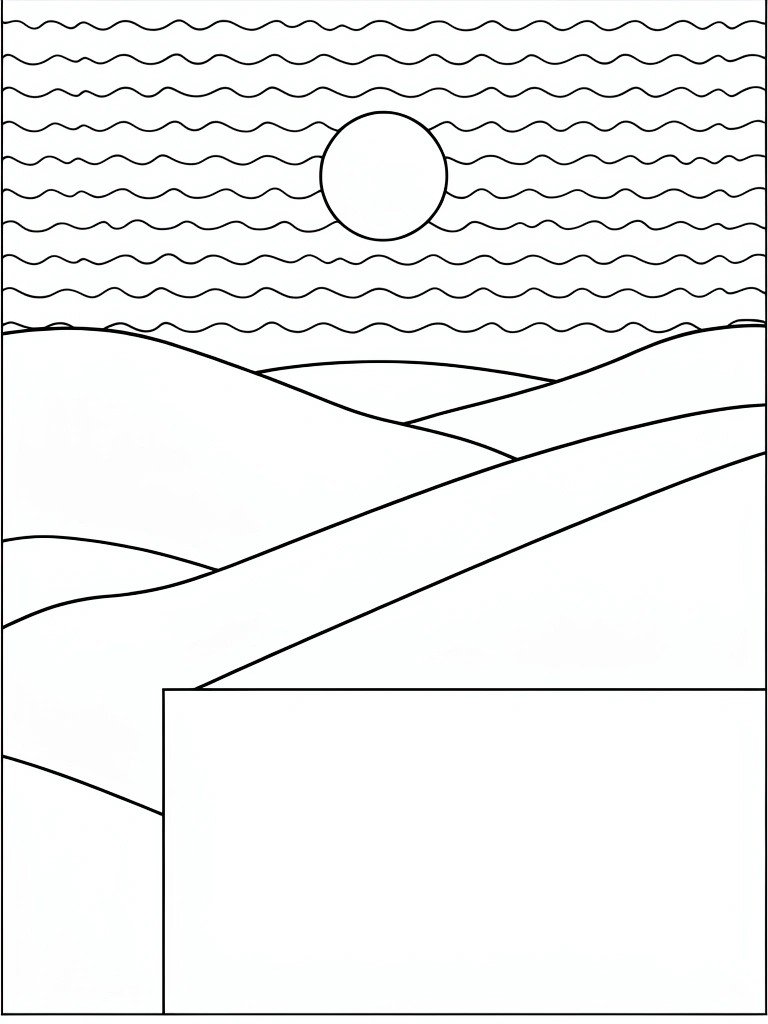 Line art coloring page featuring waves, sun, rolling hills, bridge, and empty rectangular frame.