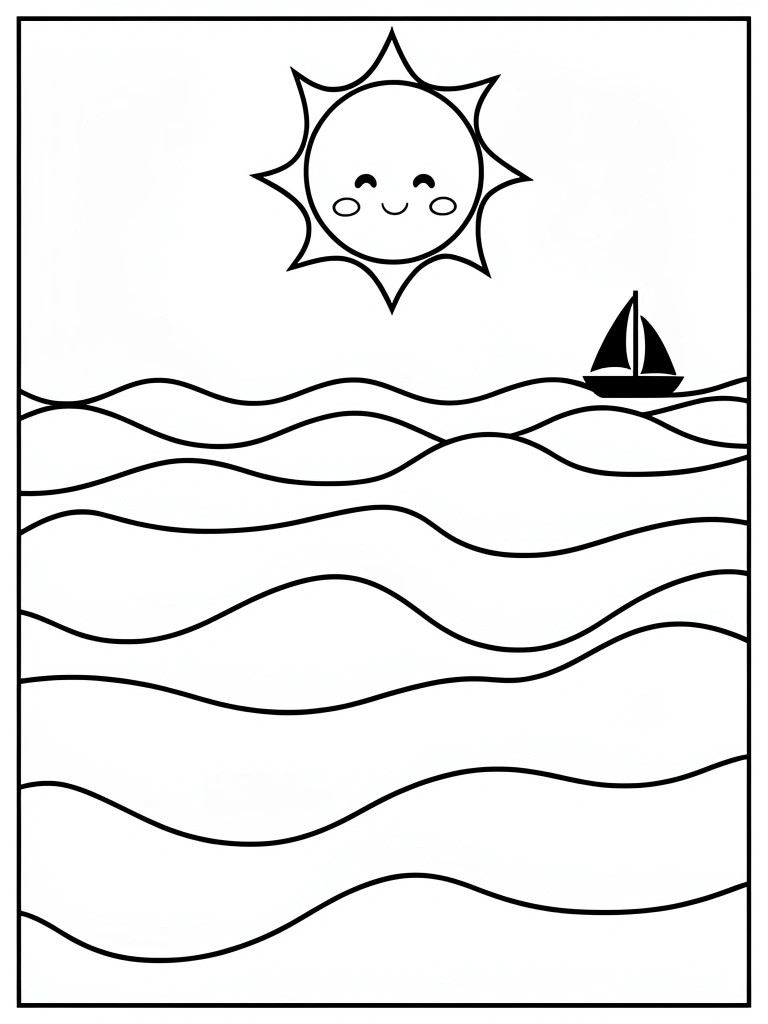 Line art coloring page featuring a smiling sun, wavy ocean lines, and a sailboat.