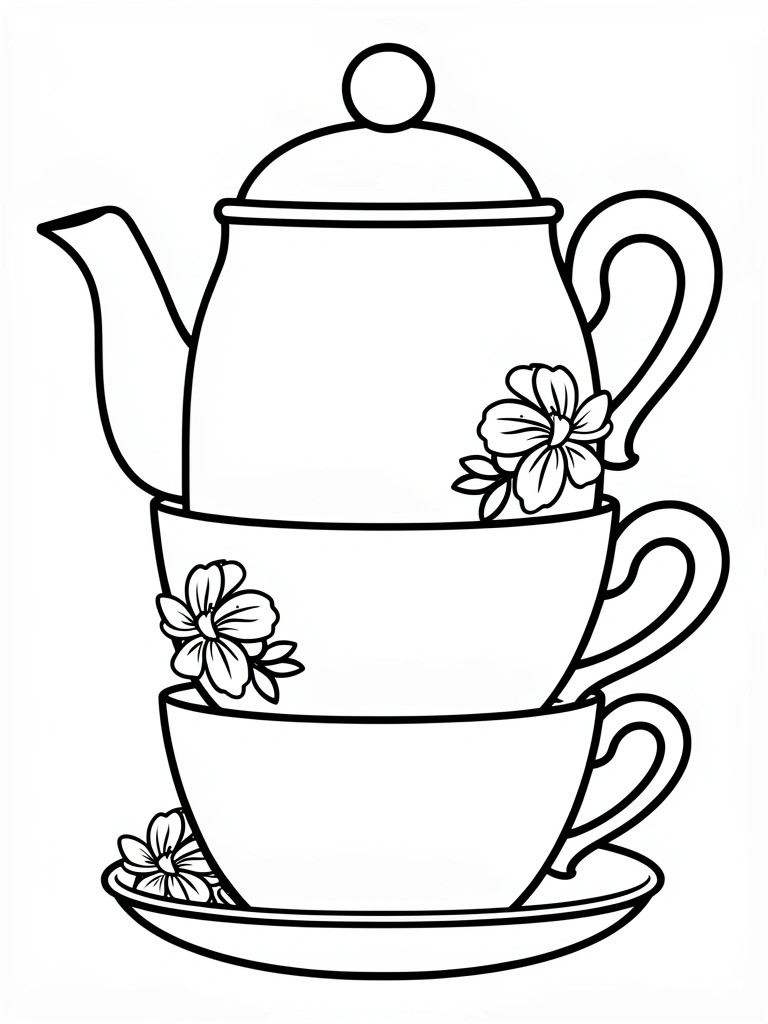Line drawing of a teapot stacked on two teacups above a saucer, decorated with flower outlines.